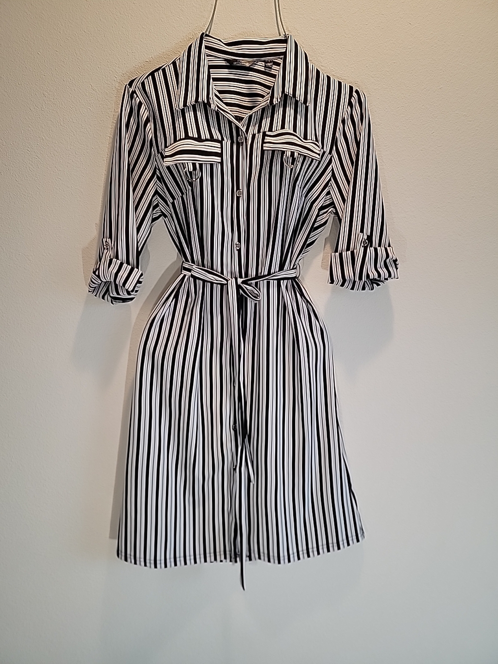 Mlle Gabrielle Black & White Striped Shirt Midi Dress with Tie Belt
